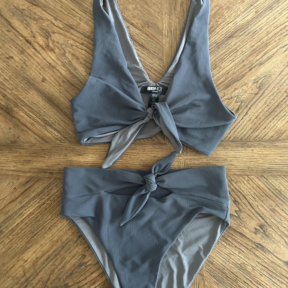 Beach Riot Slate Ribbed Tie-Front Bikini Set M/L